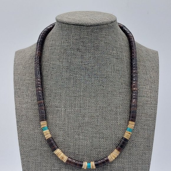 Unisex Necklace Brown Turquoise Colored Stone Beads Single Strand Barrell Clasp - Picture 3 of 9